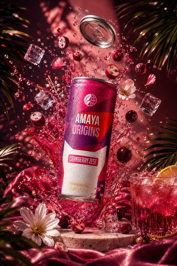 Amaya Origins Cranberry Zest premium mocktail, 250 ml can, with cranberries and ice