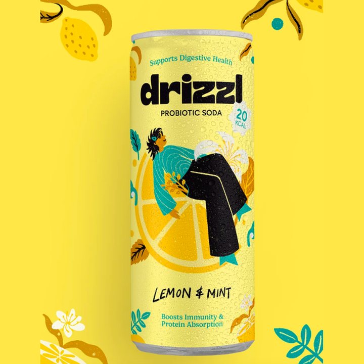 Drizzl Lemon & Mint probiotic soda can, 20 kcal, supports digestive health