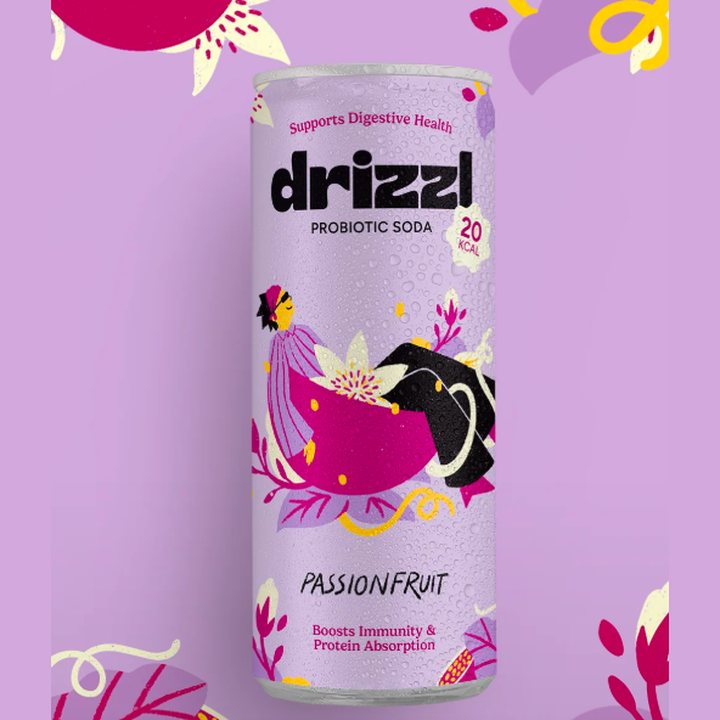 Drizzl Passionfruit probiotic soda can, 20 kcal, supports digestive health