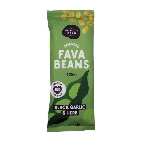 The Honest Bean Co roasted fava beans black garlic and herb 40 g, 10 g protein per pack