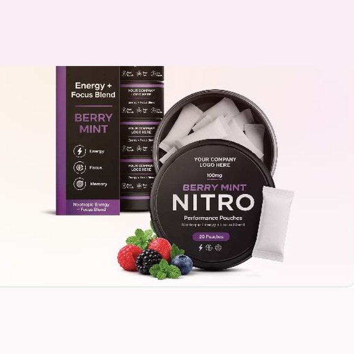 Private label berry mint energy and focus performance pouches, 20 per tin