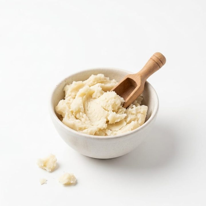 Shea butter in a bowl with a wooden scoop